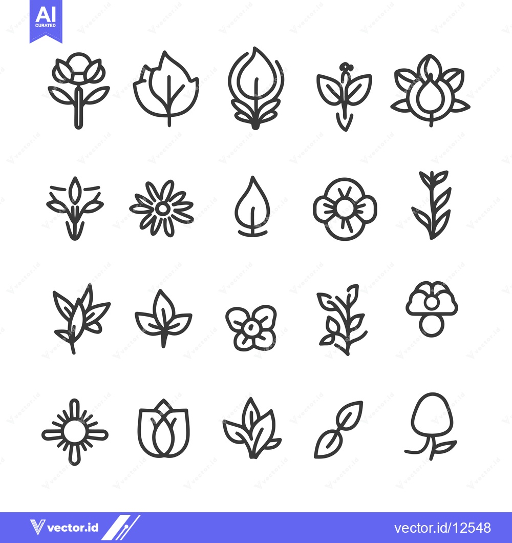 Premium Vector of A Collection of 20 Line Art Flower and Leaf Icons