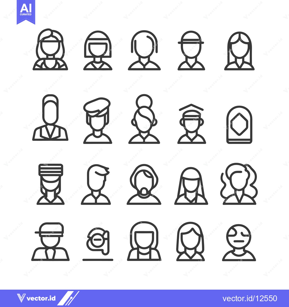 Premium Vector of A Collection of 20 Line Art Icons Depicting Different Hairstyles, Head