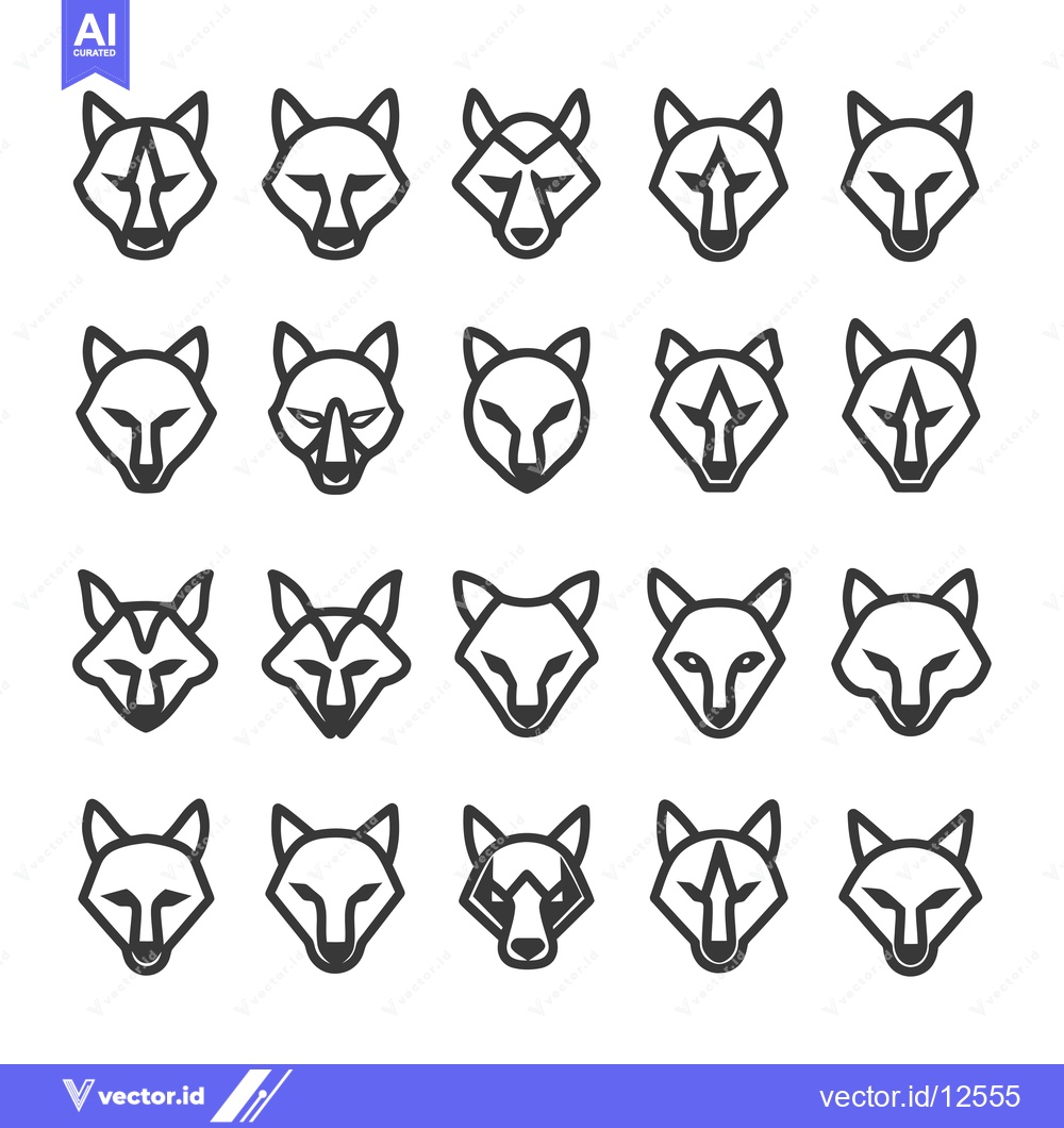 Premium Vector of A Collection of 20 Line Art Wolf Head Illustrations