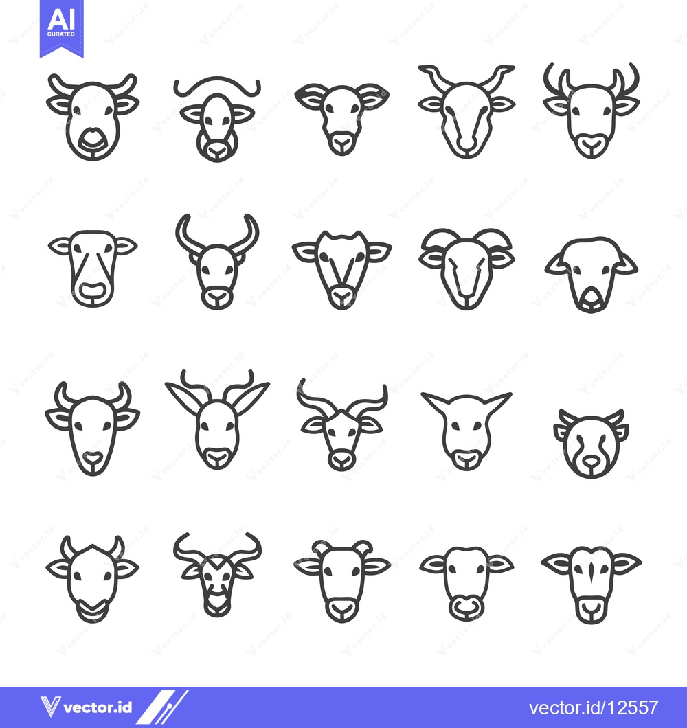 Premium Vector of A Collection Of 20 Line Drawings Of Cow And Goat Heads 39009
