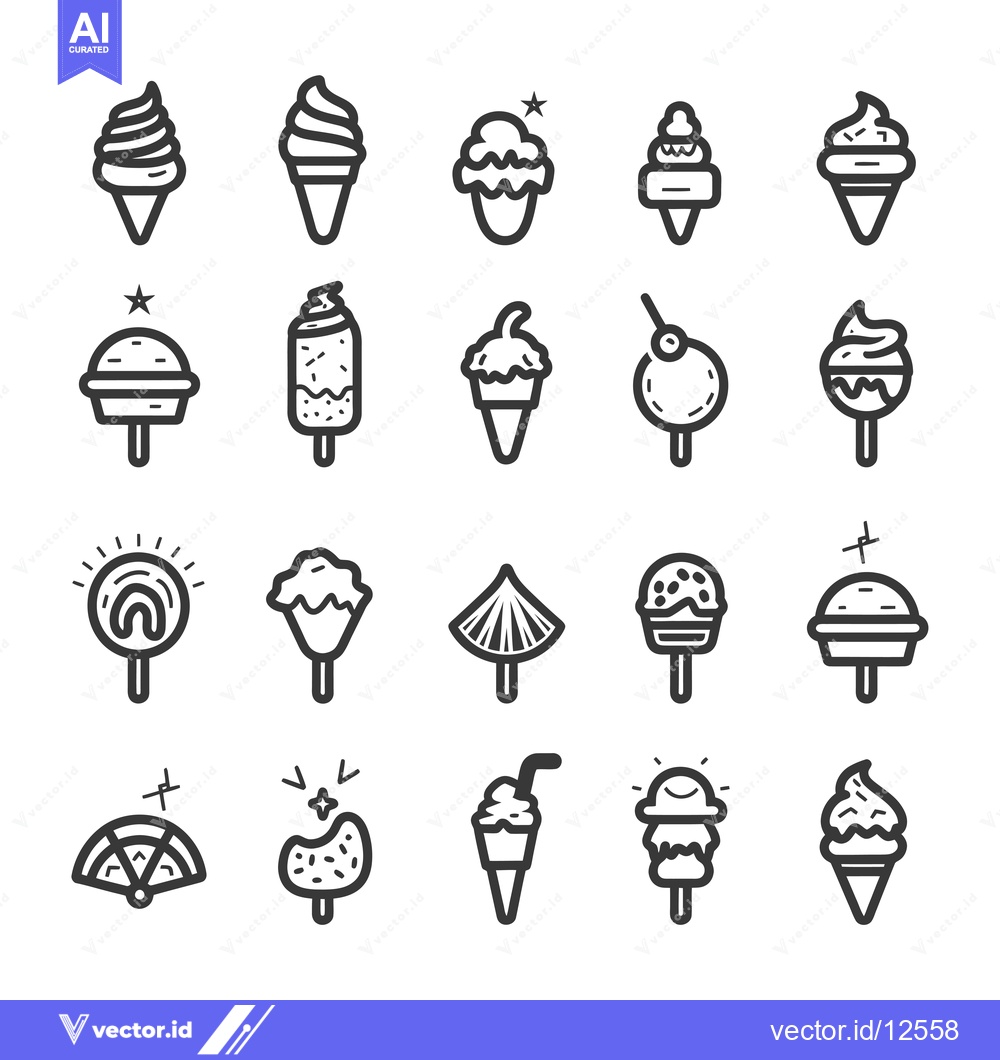 Premium Vector dari A Collection of 20 Line Drawings of Different Types of Ice Cream