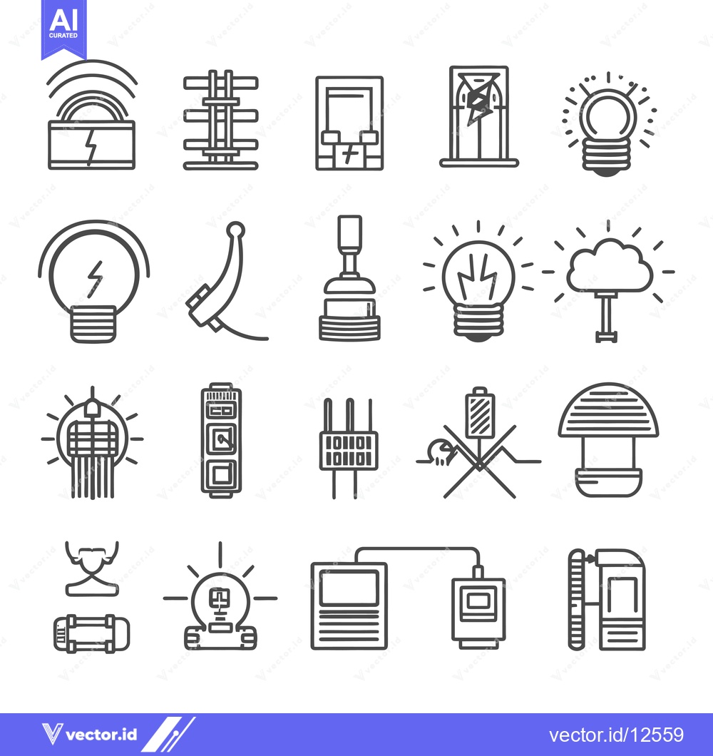Premium Vector dari A Collection of 20 Line Drawings of Light Bulbs and Electrical Compone