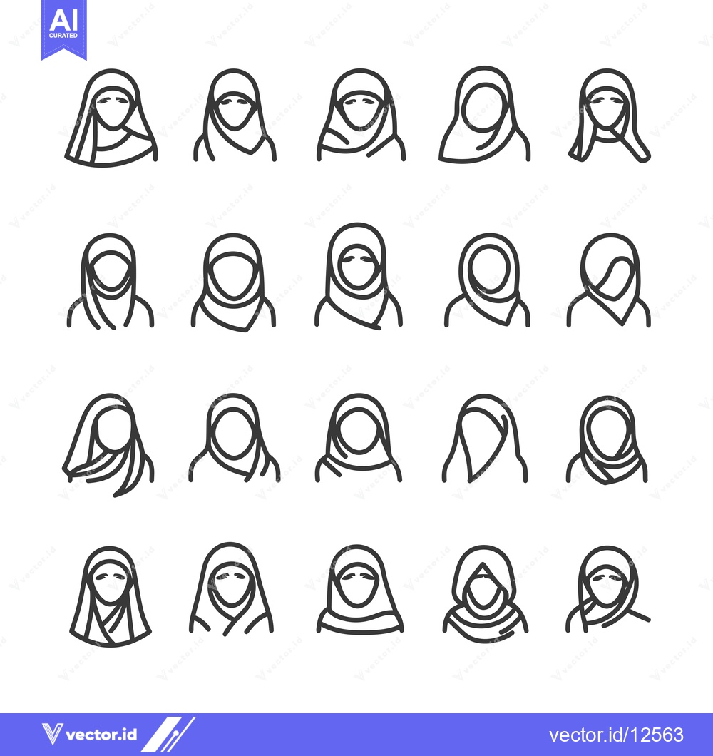 Premium Vector of A Collection of 20 Line Drawings of Women Wearing Hijabs