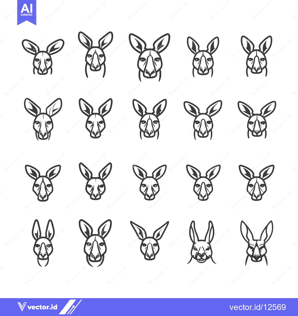 Premium Vector dari A Collection of 20 Outline Drawings of Kangaroo Heads Facing Forward