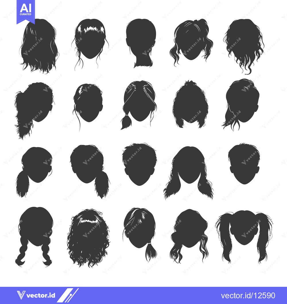 Premium Vector dari A Collection of 24 Black and White Female Hairstyle Silhouettes
