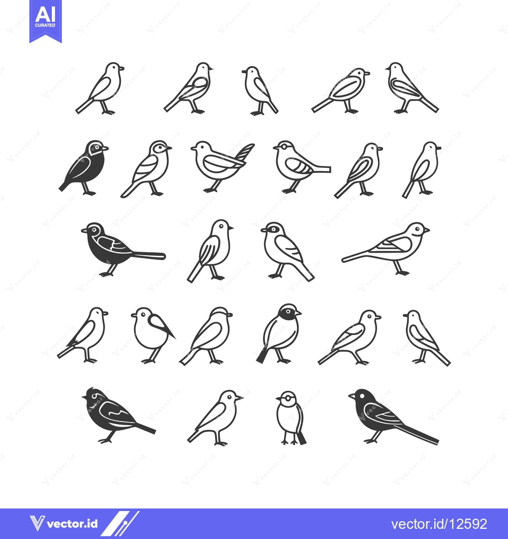 Premium Vector of A Collection of 24 Black and White Line Drawings of Birds