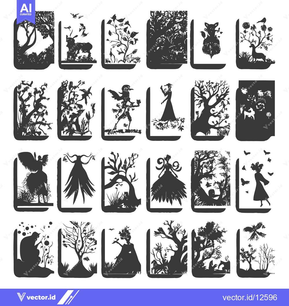 Premium Vector dari A Collection of 24 Black and White Silhouettes of Fantastical Forest C