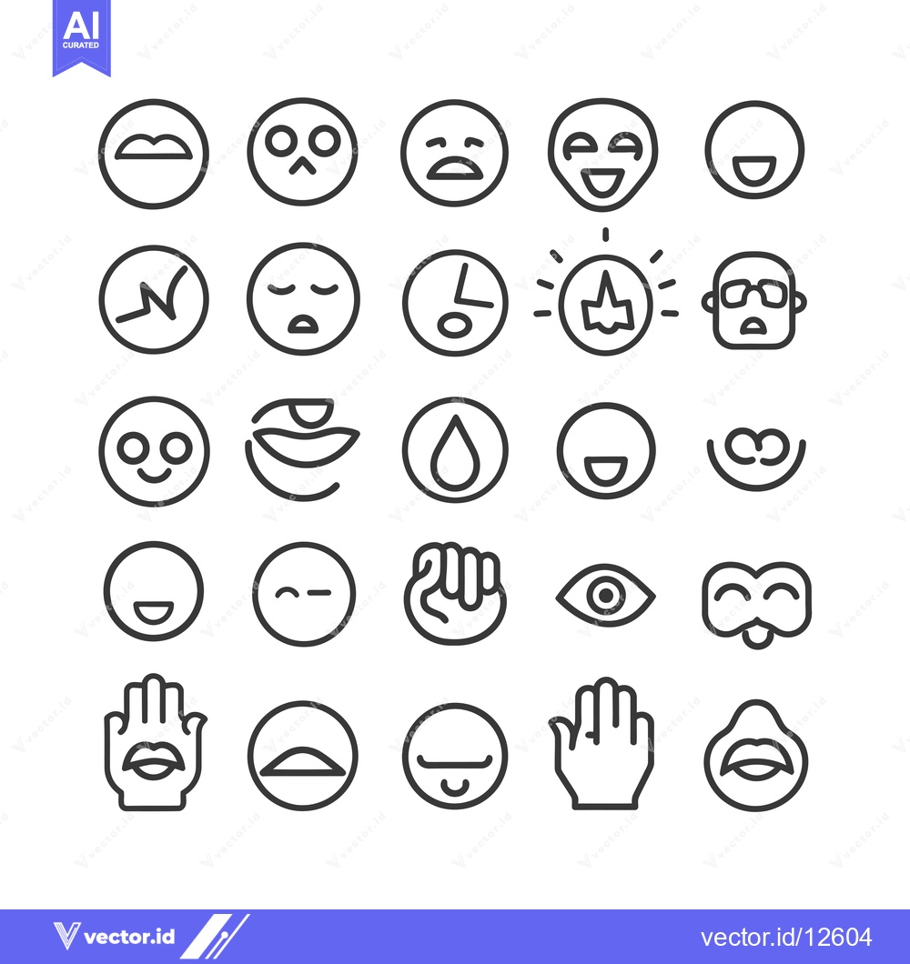 Premium Vector of A Collection of 24 Line Art Emojis Depicting Various Expressions and A