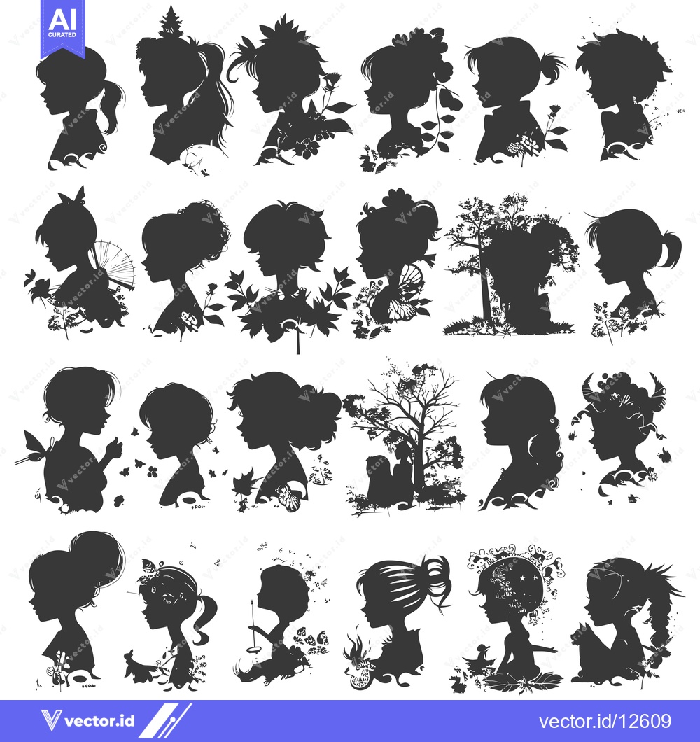 Premium Vector of A Collection of 24 Silhouettes of Girls with Floral and Nature Element