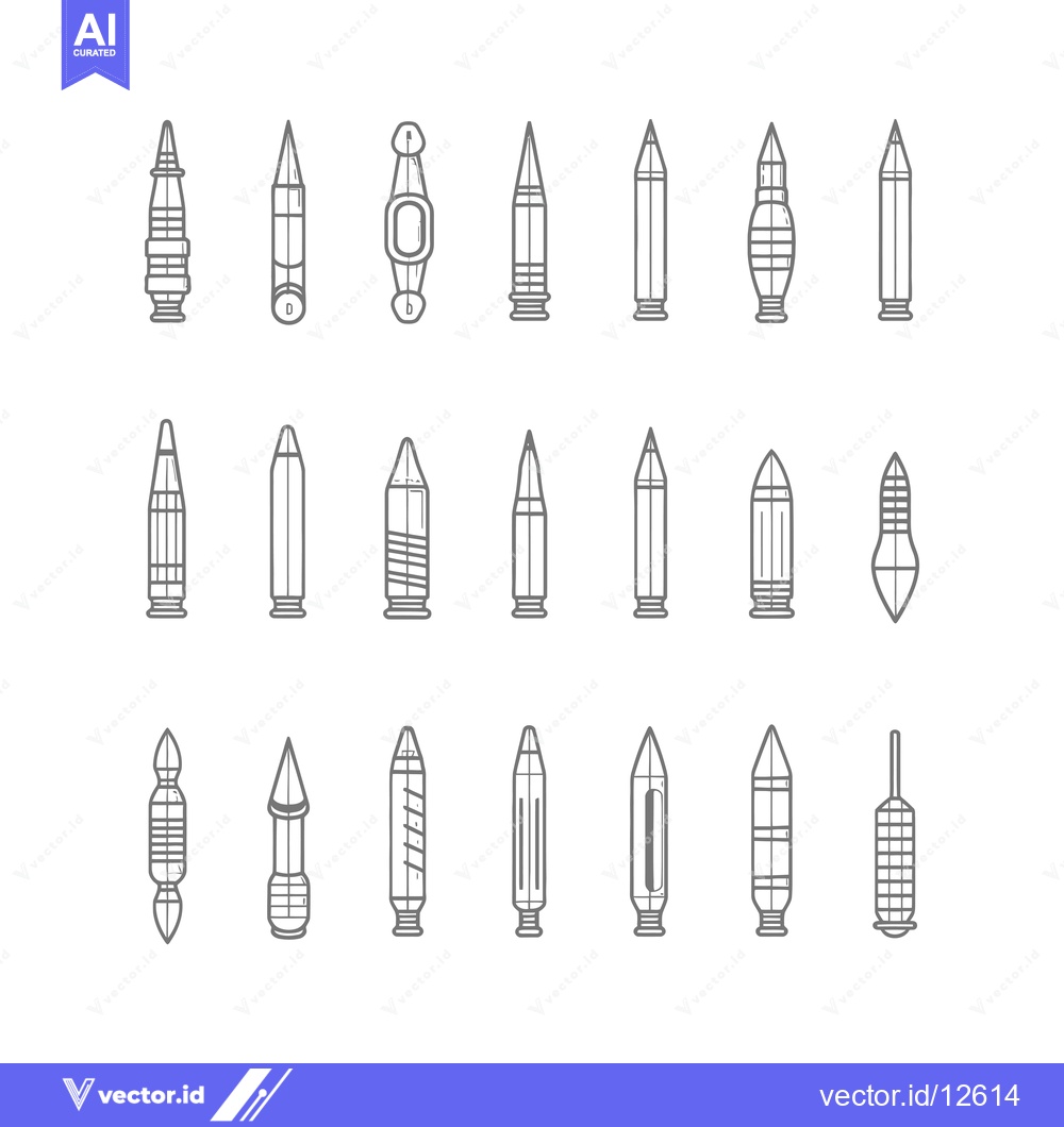 Premium Vector of A Collection of 24 Unique Outline Illustrations of Bullets and Ammunit