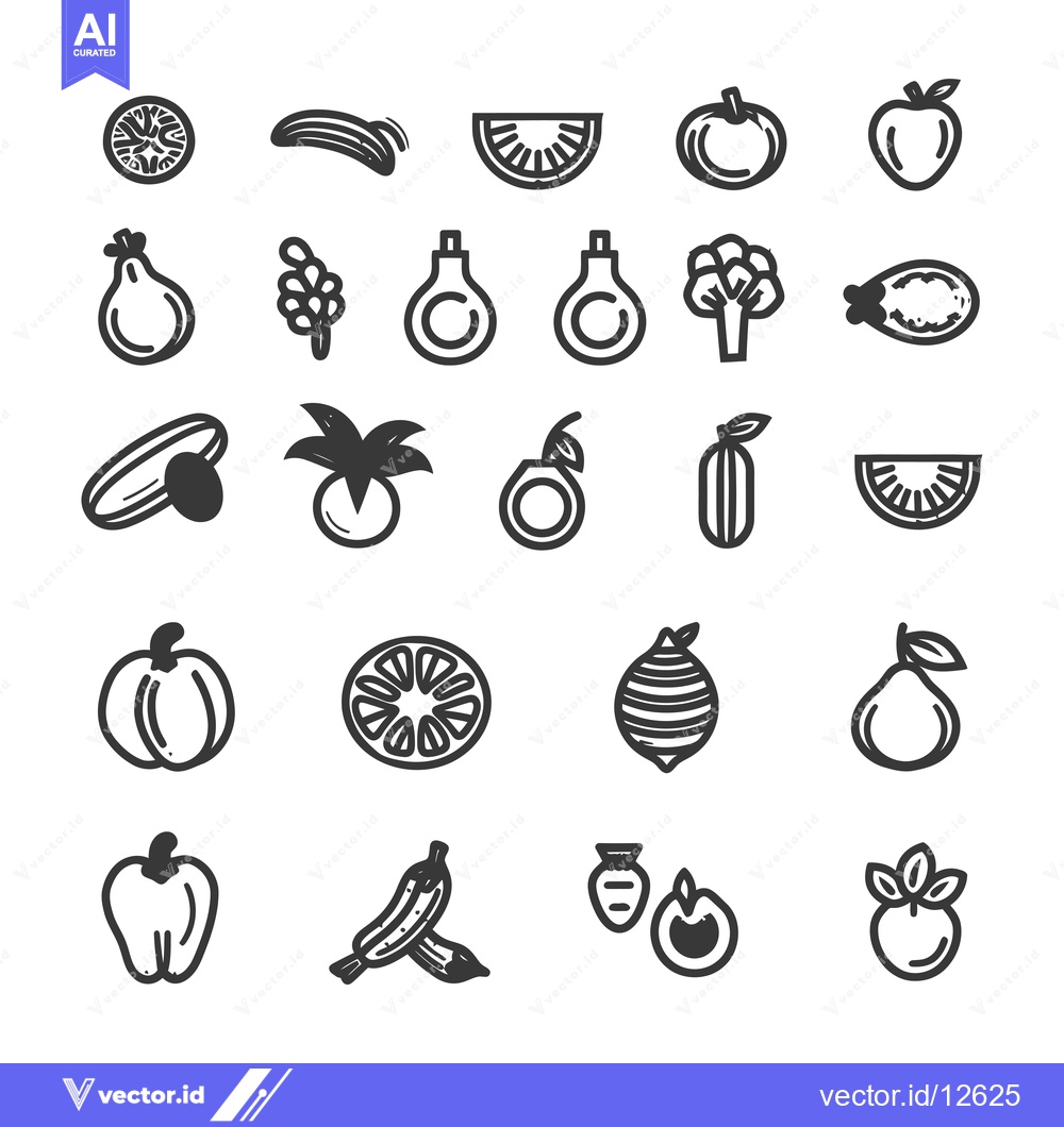 Premium Vector dari A Collection of 25 Black and White Hand-Drawn Fruit and Vegetable Icon