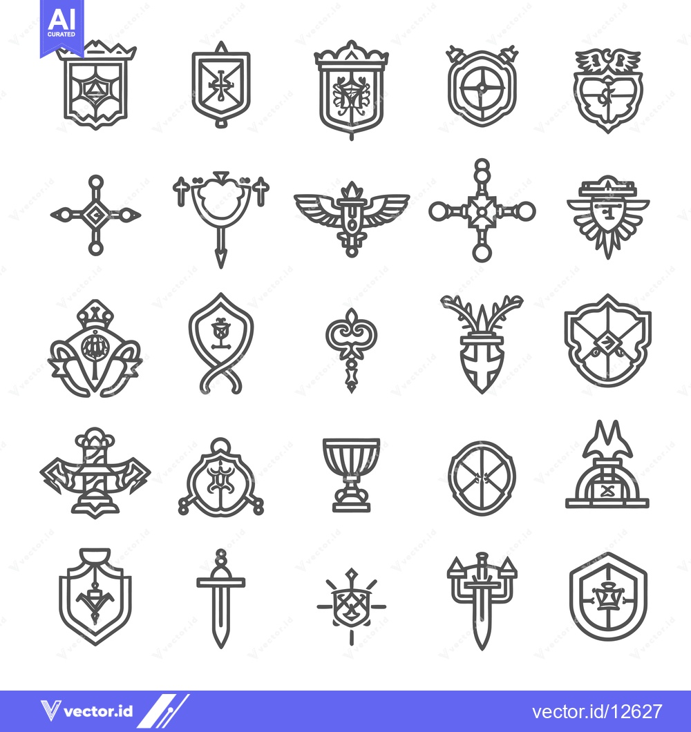 Premium Vector dari A Collection of 25 Black and White Line Art Heraldic Icons