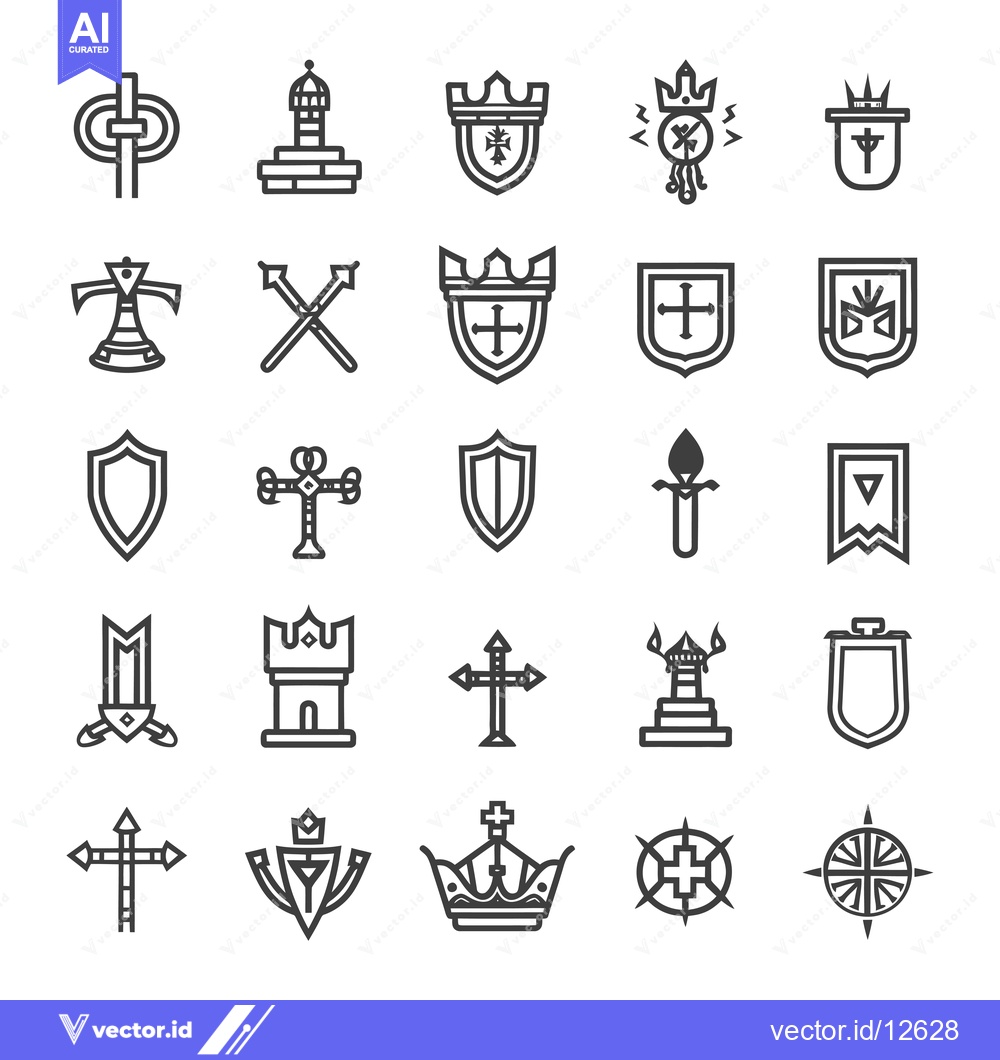Premium Vector of A Collection of 25 Black and White Line Art Heraldry and Royalty Icons