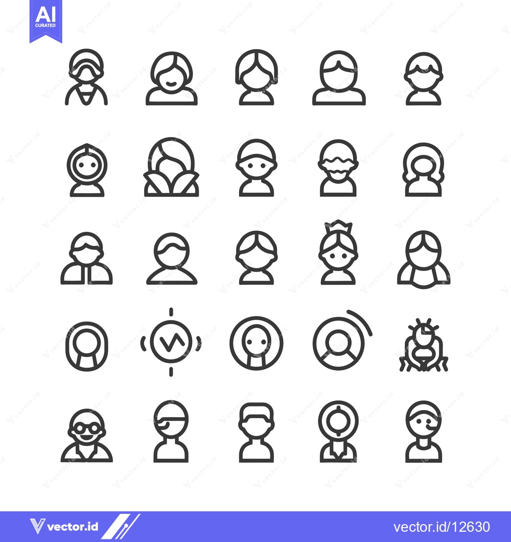 Premium Vector of A Collection of 25 Black and White Line Art Profile Icons