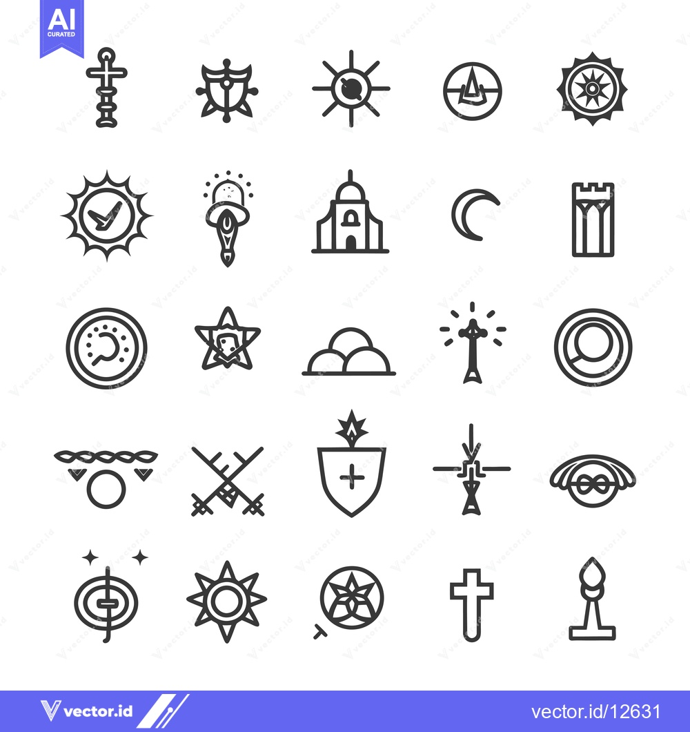 Premium Vector dari A Collection of 25 Black and White Line Art Religious Symbols