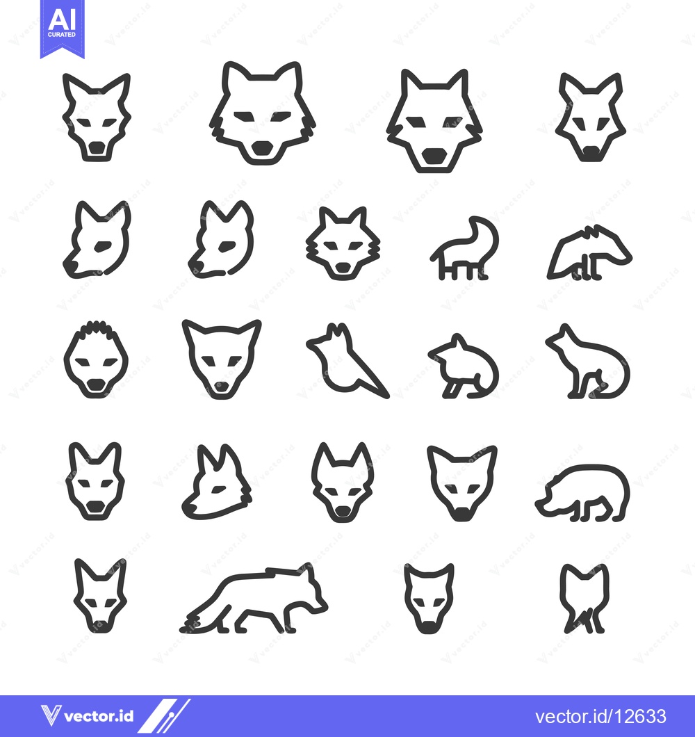 Premium Vector of A collection of 25 black and white outline illustrations of wolves and