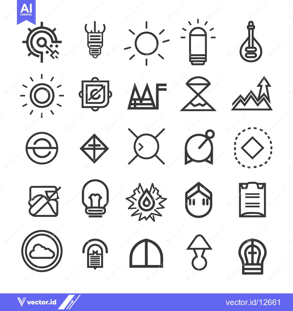 Premium Vector of A Collection of 25 Line Art Icons Featuring Light Bulbs, Sun, and Geom