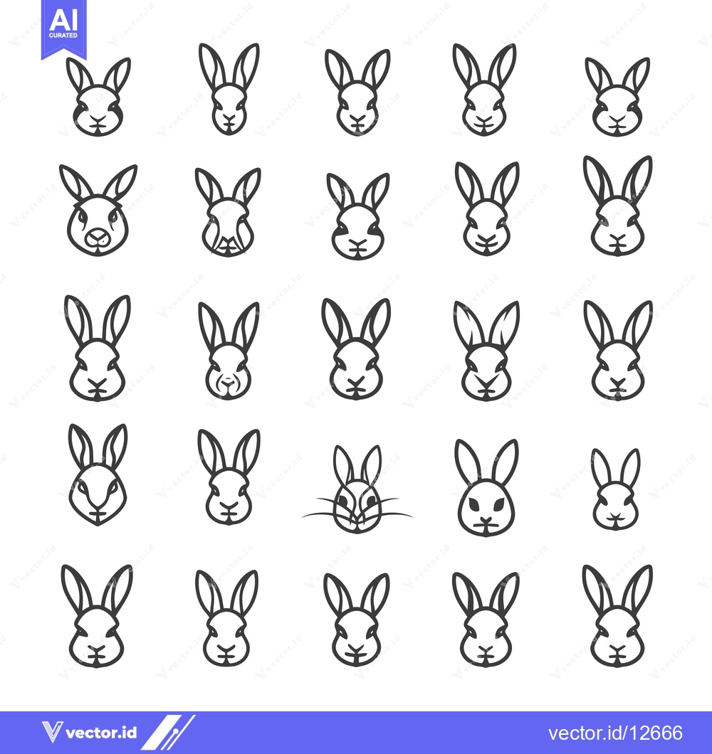 Premium Vector dari A Collection of 25 Line Art Rabbit Faces with Variations in Features