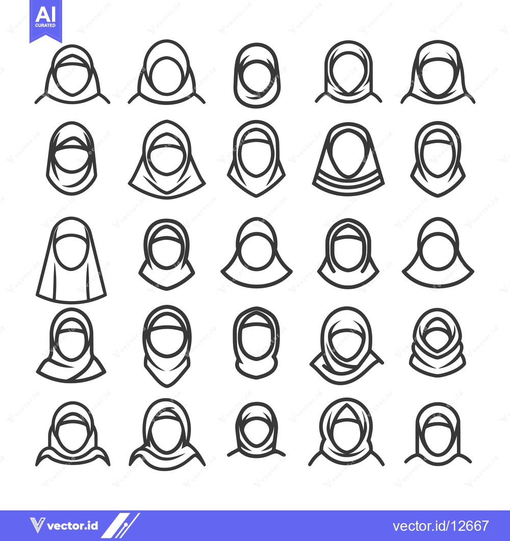 Premium Vector of A Collection of 25 Line Drawings Depicting Women Wearing Hijabs