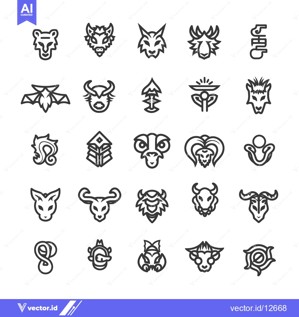 Premium Vector dari A Collection of 25 Line Drawings of Fantasy Creatures and Symbolic Des