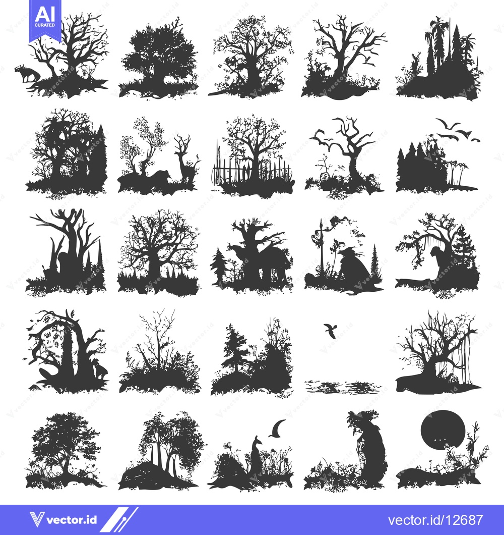 Premium Vector of A Collection of 25 Silhouettes of Trees and Landscapes