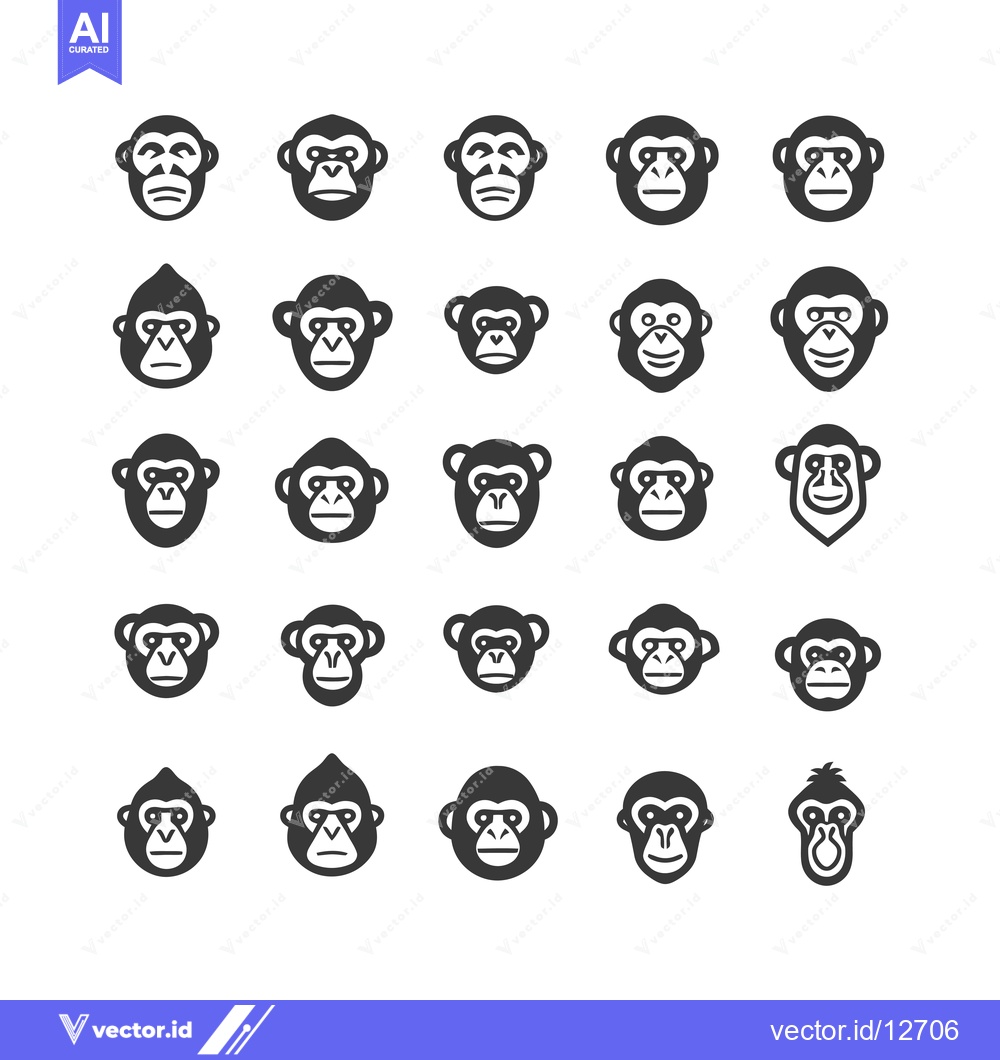 Premium Vector dari A Collection of 25 Unique Monkey Face Icons in Black and White