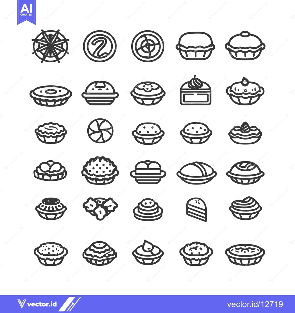Premium Vector of A Collection of 28 Line Art Icons Depicting Various Pies and Pastries