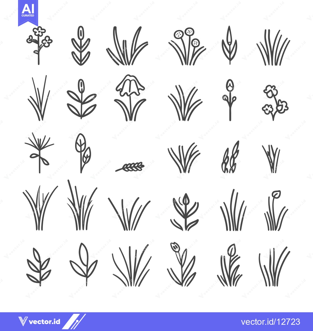 Premium Vector dari A Collection of 28 Line Drawings of Various Grasses and Flowers