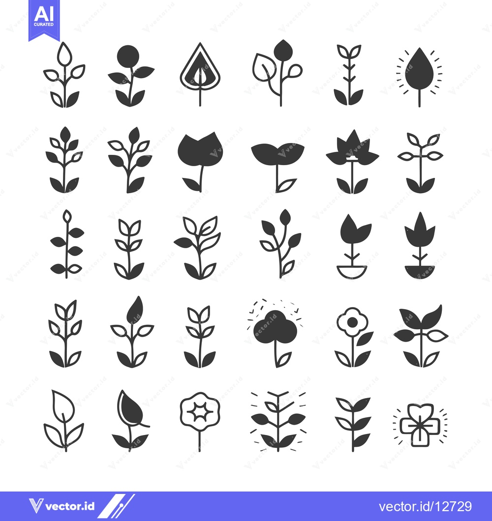 Premium Vector dari A Collection of 28 Simple Black and White Plant Illustrations