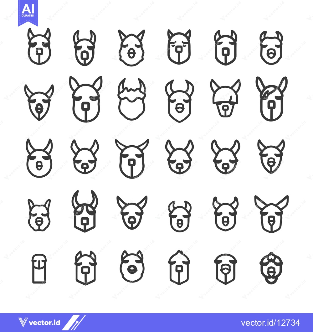 Premium Vector dari A collection of 30 black outline llama head icons
