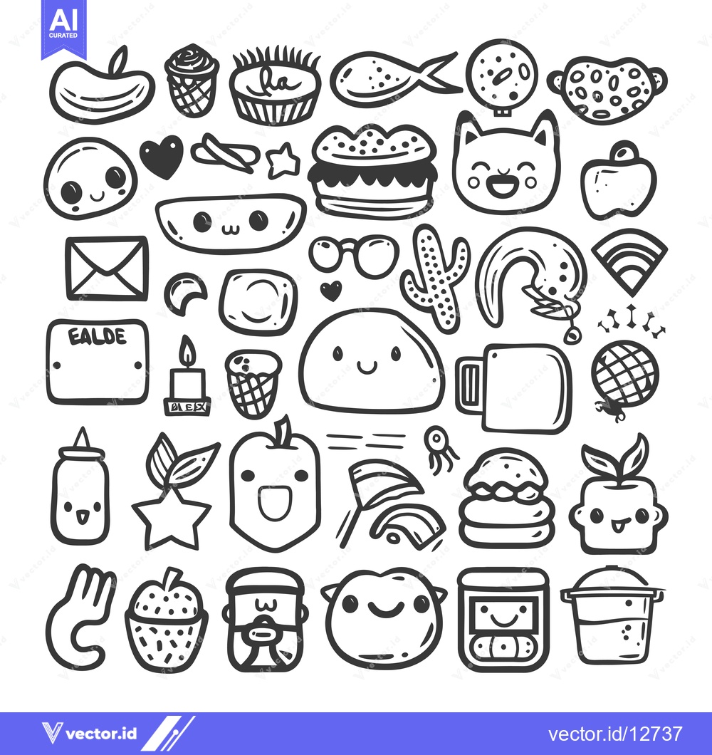 Premium Vector of A Collection of 30 Doodle Icons with Cute Faces and Objects