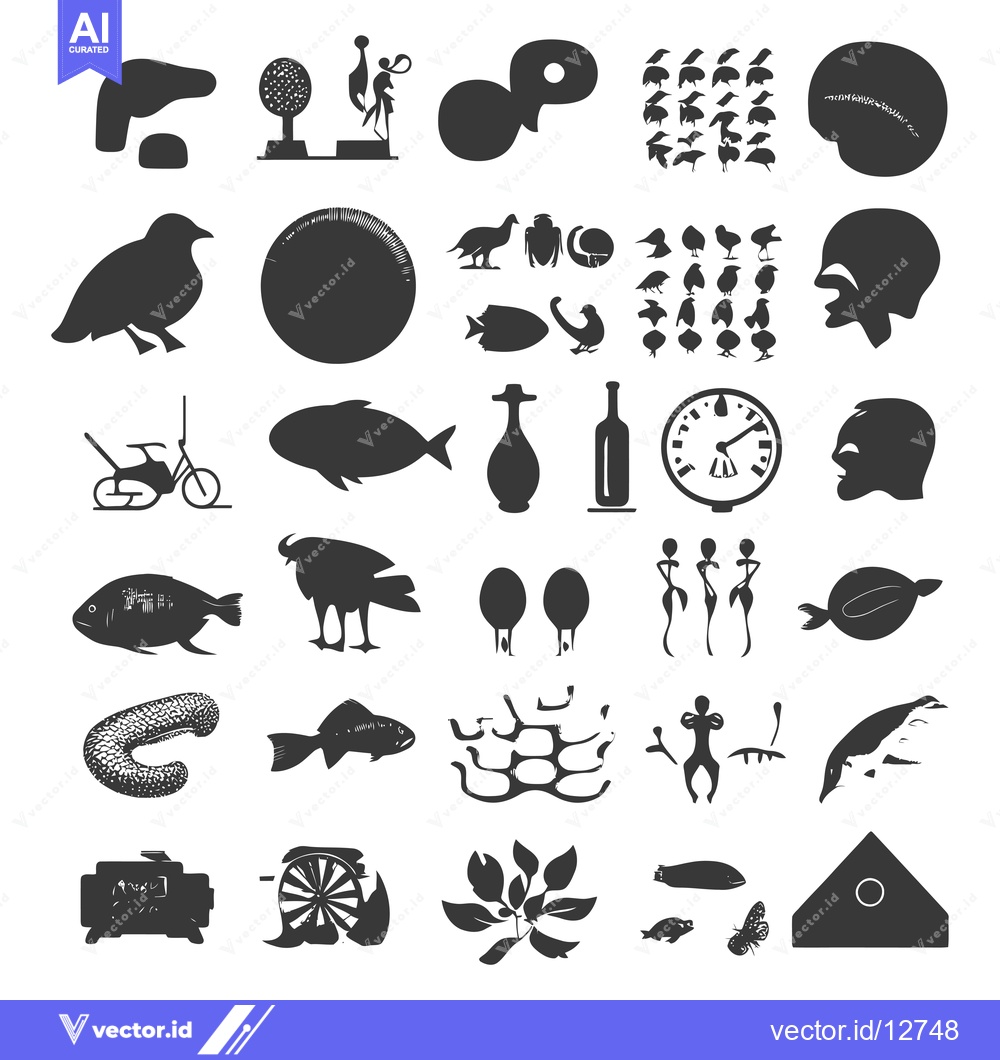 Premium Vector dari A Collection of 36 Black and White Silhouettes Depicting Various Objec