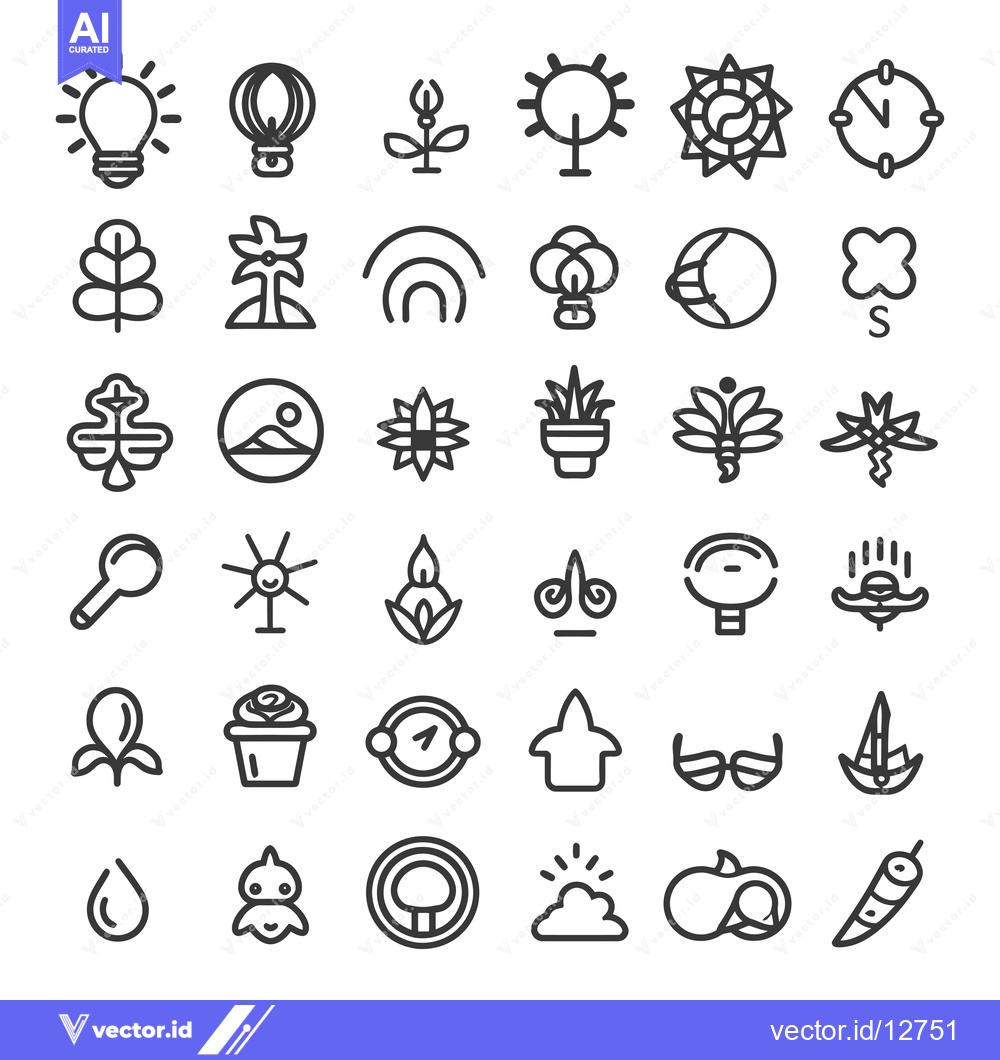 Premium Vector of A Collection of 36 Line Art Icons Representing Nature, Plants, and Oth