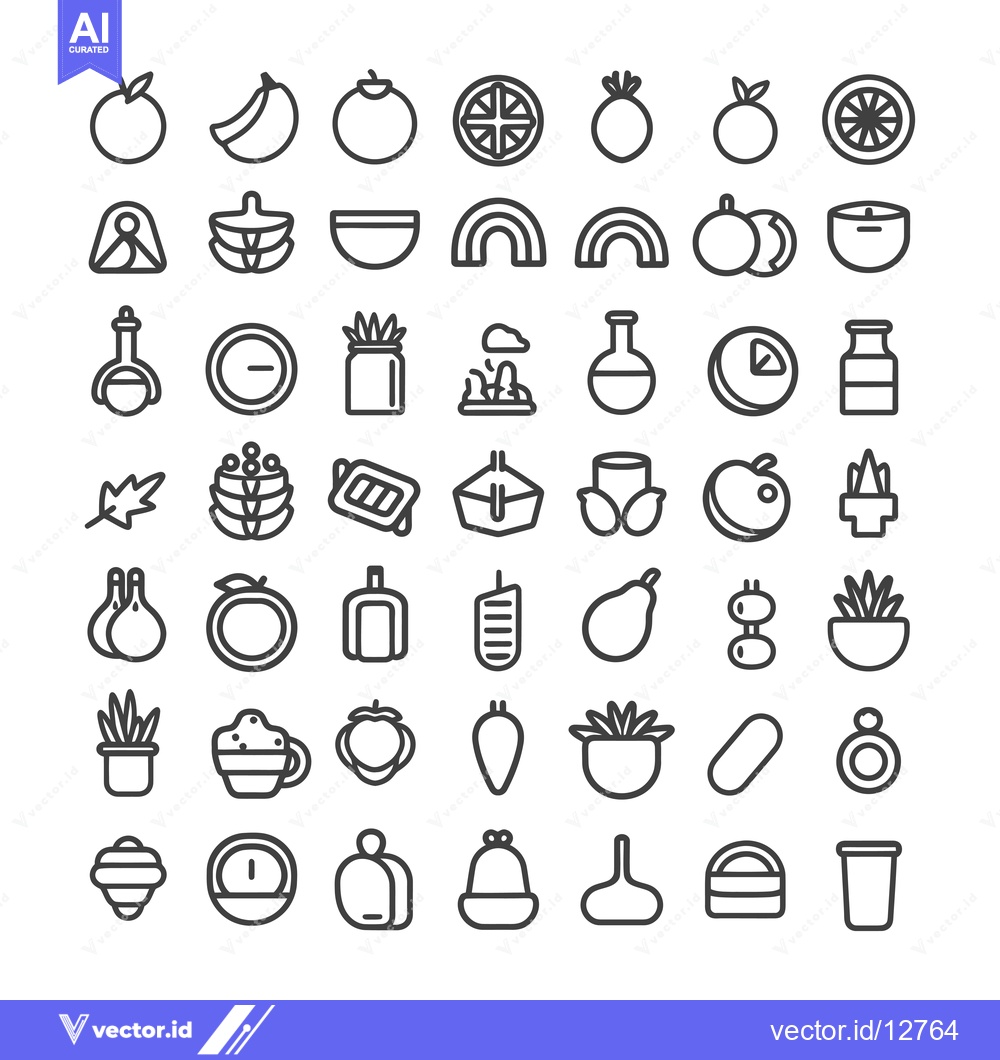 Premium Vector of A Collection of 48 Line Drawings of Fruits, Plants, and Other Objects
