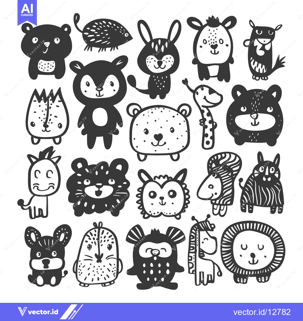 Premium Vector dari A Collection of Adorable Black and White Hand-Drawn Animal Illustratio