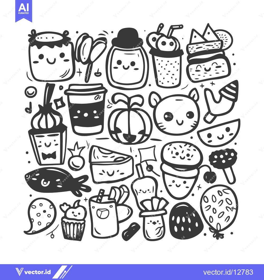 Premium Vector dari A Collection of Adorable Doodle Food and Objects with Smiling Faces