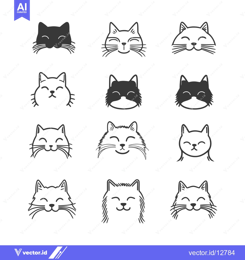 Premium Vector of A Collection of Adorable Hand-Drawn Cat Faces with Varying Fur Styles