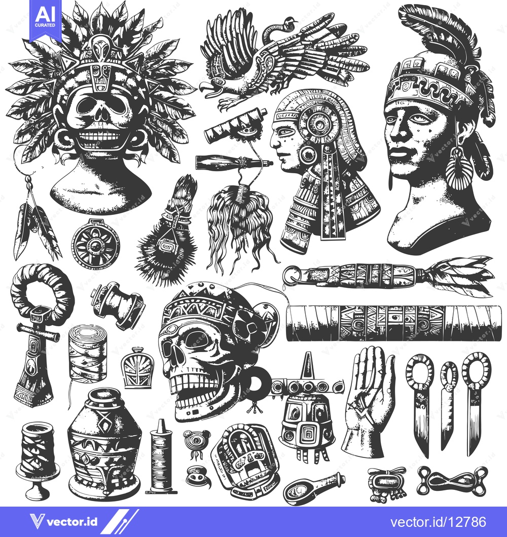 Premium Vector dari A Collection of Ancient Aztec Art Objects and Symbols