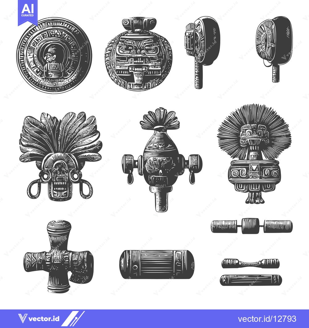 Premium Vector dari A Collection of Ancient Mayan Artifacts in Black and White