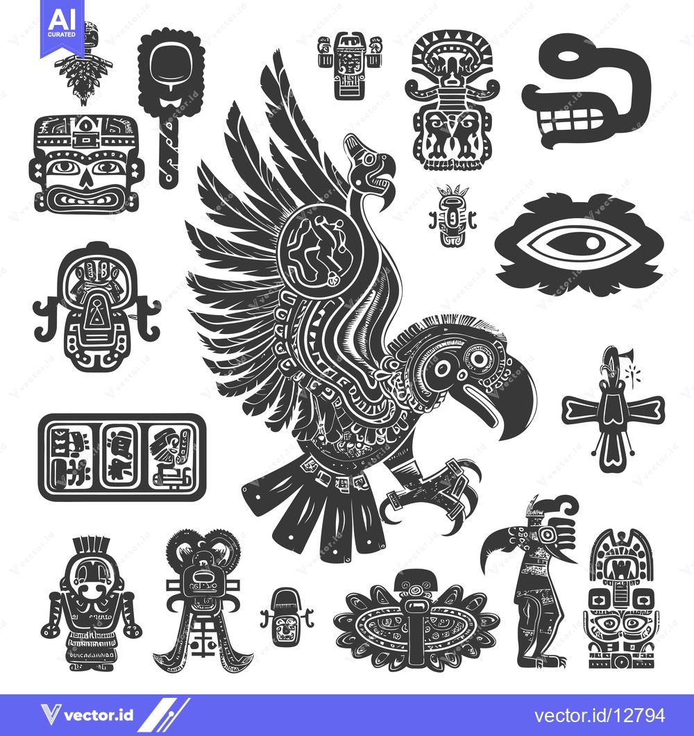 Premium Vector dari A Collection of Ancient Mesoamerican Glyphs and Symbolic Figures