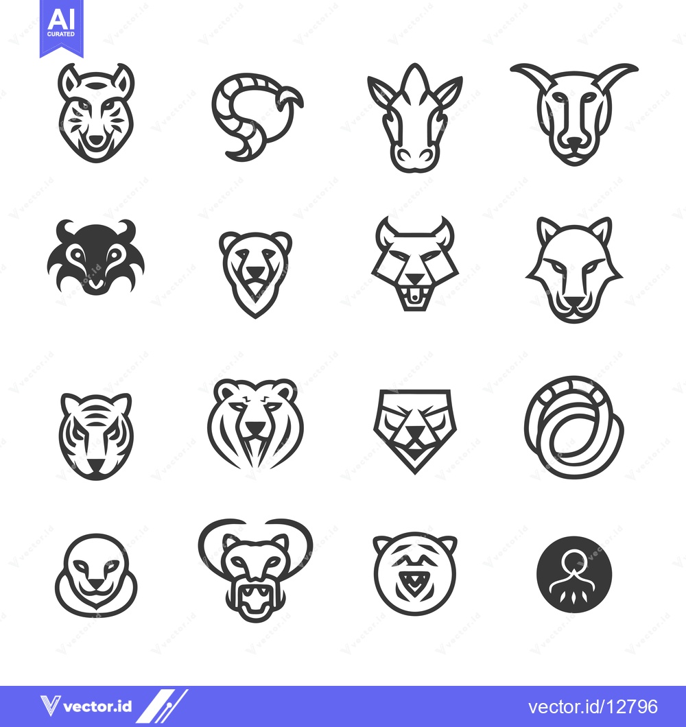 Premium Vector of A Collection of Animal Head and Body Icons in Black and White
