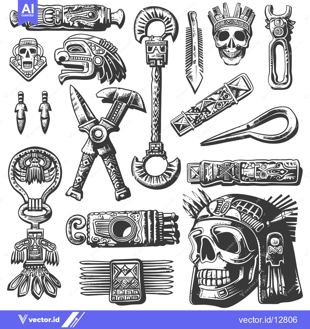 Premium Vector of A Collection of Aztec and Mayan Inspired Tribal Ornaments and Weaponry