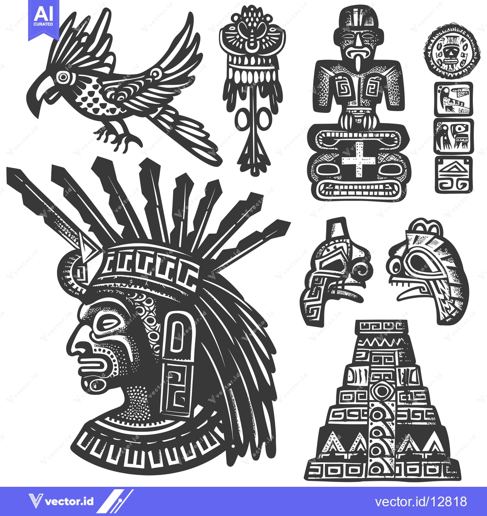 Premium Vector dari A Collection of Black and White Aztec-Inspired Illustrations