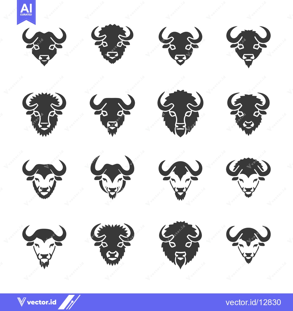Premium Vector dari A Collection of Black and White Buffalo Head Silhouettes in Various St