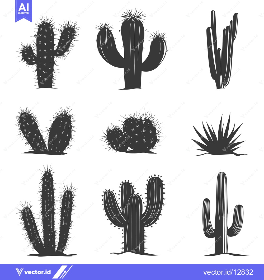 Premium Vector dari A Collection of Black and White Cactus Silhouettes