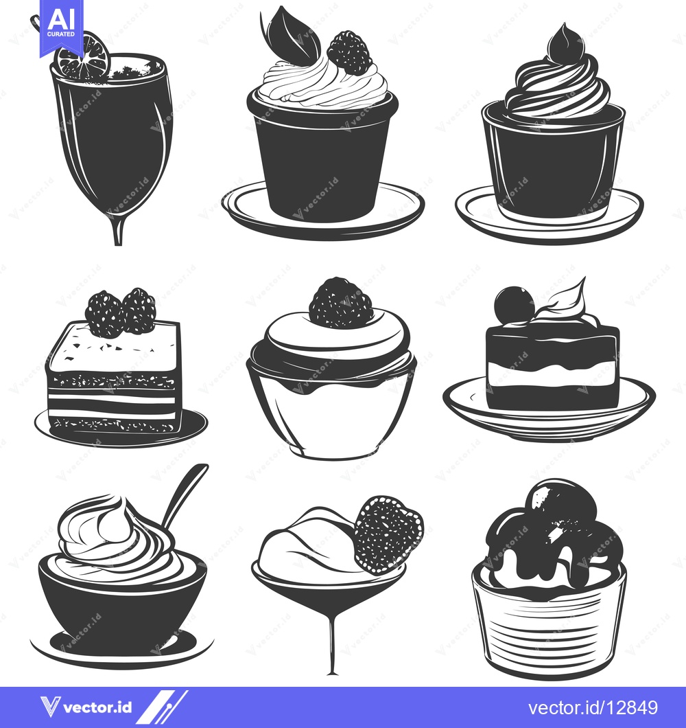 Premium Vector dari A Collection of Black and White Desserts with Fruit and Cream