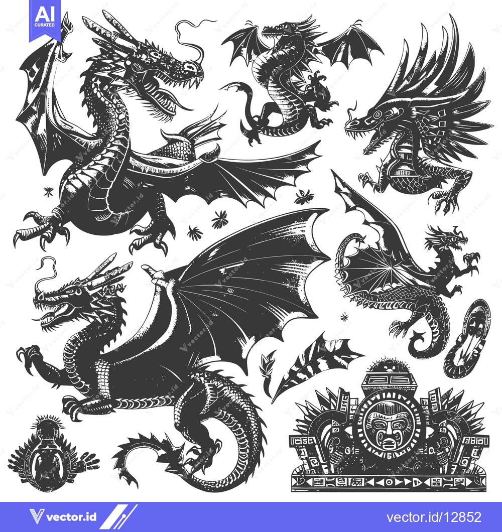 Premium Vector dari A Collection of Black and White Dragon Illustrations