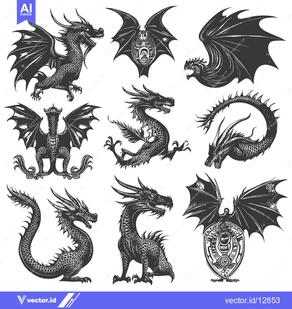 Premium Vector dari A Collection of Black and White Dragon Illustrations