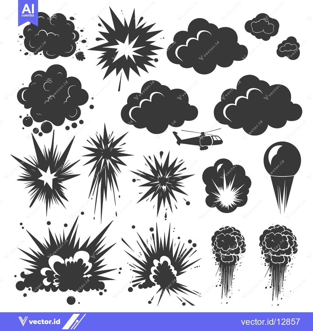 Premium Vector of A Collection of Black and White Explosion and Smoke Graphic Elements