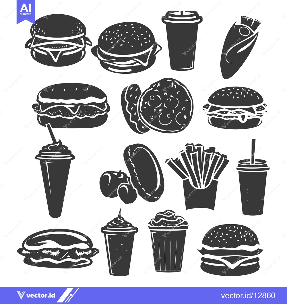 Premium Vector of A Collection of Black and White Fast Food Icons